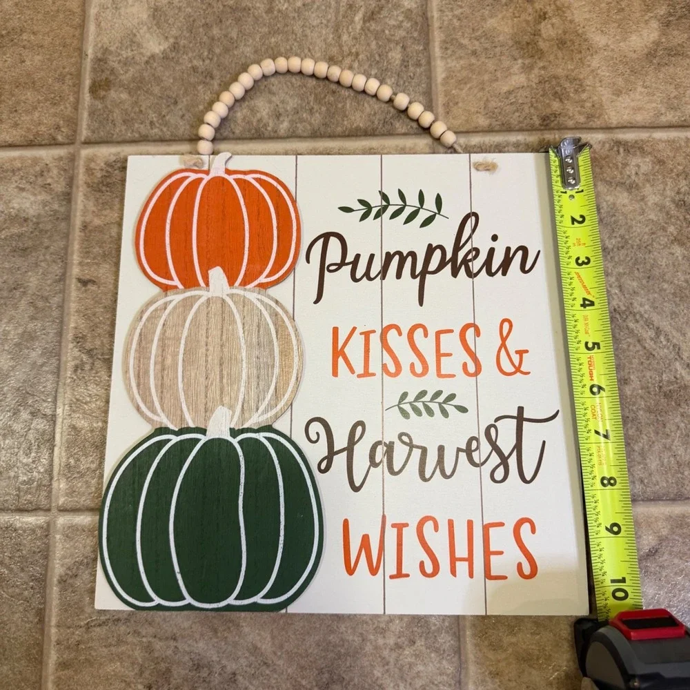 Pumpkin Kisses & Harvest Wishes Fall Wood Sign Beaded Hanger 10in Square